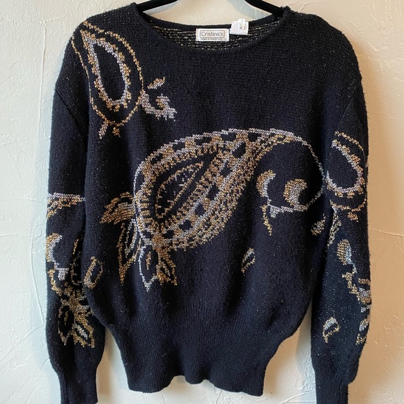 Christina’s Sweaters - Vintage Elegant Black and Gold Paisley Crew Neck‎ Sweater
